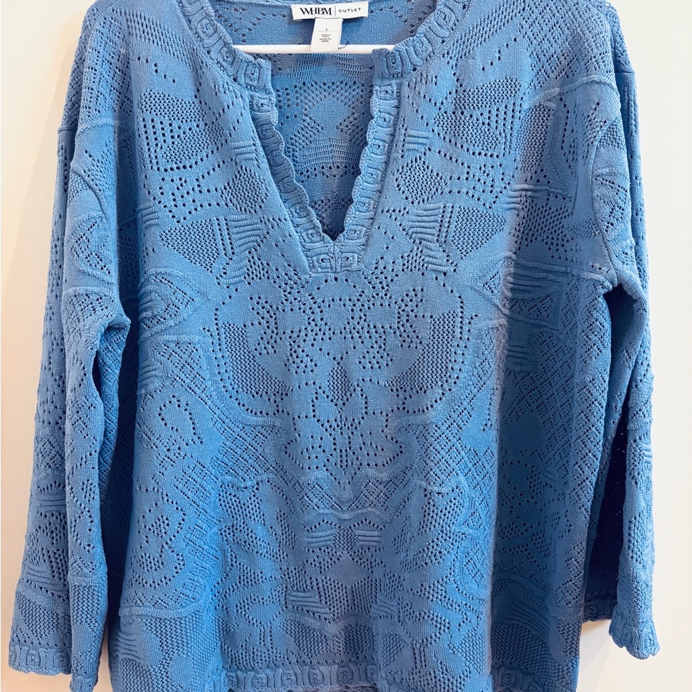 White House Black Market Blue Openwork V-Neck Sweater
